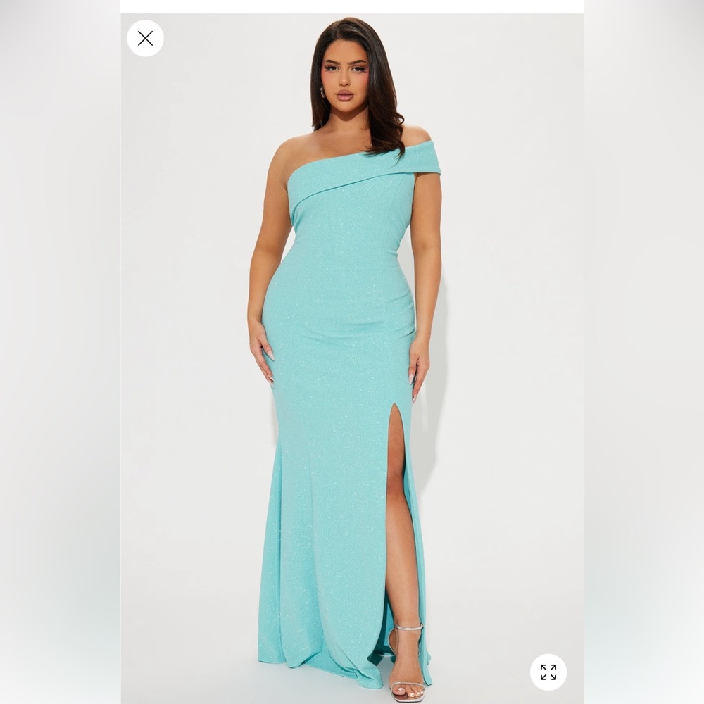 Fashion Nova Aqua One-Shoulder Maxi Dress